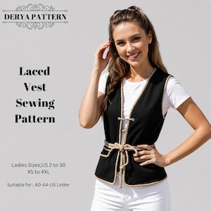 Patron de couture gilet à lacets, robe femme design moderne, printemps, soleil, taille : US2-30 (A0-A4-USLETTER)