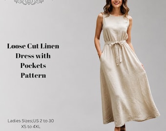Loose Cut Linen Dress Pattern with Pockets,Women Dress Patterns,Sun,SpringSize:US2-30 (A0-A4-USLETTER)