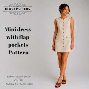 Button Front Mini Dress Sewing Pattern PDF, Sleeveless Linen Shift Dress Size:US2-30 (A0-A4-USLETTER)