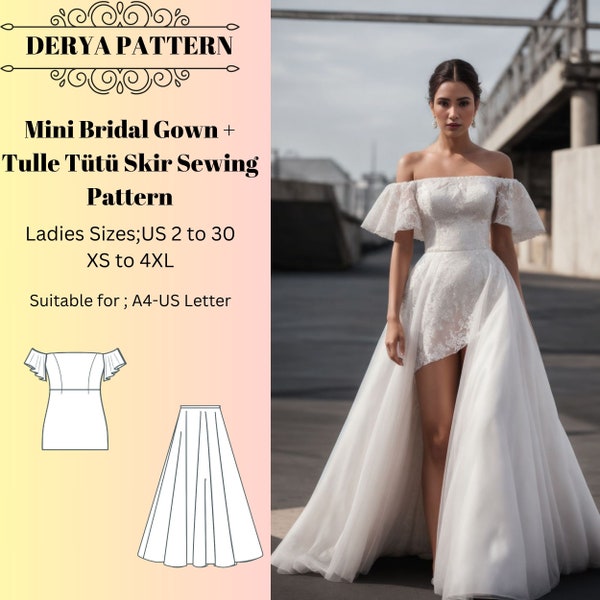 Mini Bridal Gown + Tulle Tütü Skir Sewing Pattern, Ball Gown, Fairy Dress, Circle Dress Pattern, Wedding Dress Pattern, A4 A0 US 2-30