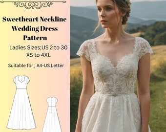 Modèle de robe de mariée avec décolleté en coeur, choix de tailles pour la robe de mariée : 2 à 30 ans et XS à 4XL, format papier A0-A4-US Letter