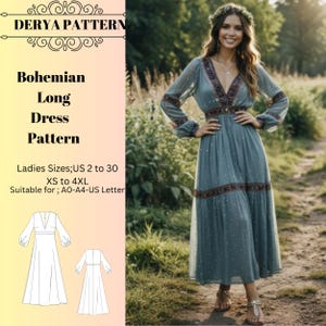 Bohemian Long Dress Sewing Pattern,Women Dress Patterns,Ethnic Style,Boho, Size:US2-30 (A0-A4-USLETTER)