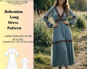 Bohemian Long Dress Sewing Pattern,Women Dress Patterns,Ethnic Style,Boho, Size:US2-30 (A0-A4-USLETTER)