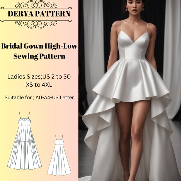 Bridal Gown Sewing Pattern, High-Low Dress Pattern, Ball Gown, Fairy Dress, Circle Dress Pattern, Wedding Dress Pattern, A4 A0 US 2-30