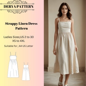 Patrón de vestido de lino con tiras, patrón de vestido de verano de lino, patrón de vestido de primavera, patrón de vestido de mujer, tamaño A0 A4 Carta de EE. UU. - EE. UU. 2 a 30
