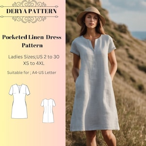 Patrón de vestido de lino con bolsillos, patrón de vestido de lino de verano, patrón de vestido de primavera, patrón de vestido de mujer, A0 A4 US Letter-US 2 a 30