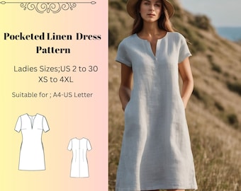 Muster für ein Leinenkleid mit Taschen, Muster für ein Sommerkleid aus Leinen, Muster für ein Frühlingskleid, Muster für ein Damenkleid, A0 A4 US Letter-US 2 bis 30