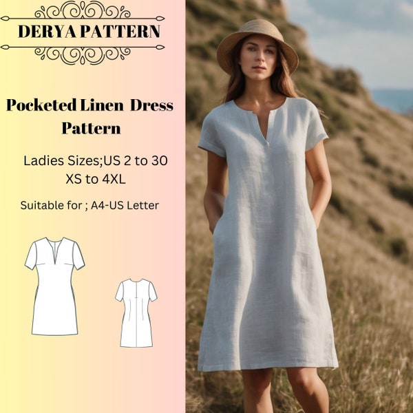 Patrón de vestido de lino con bolsillos, patrón de vestido de lino de verano, patrón de vestido de primavera, patrón de vestido de mujer, A0 A4 US Letter-US 2 a 30