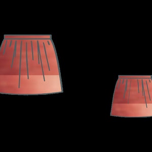 May include: Two skirts in a reddish-orange hue, each featuring a gathered waistband and a horizontal color-blocked design. The skirts have a flared silhouette with vertical line details extending from the waist down to the hemline.