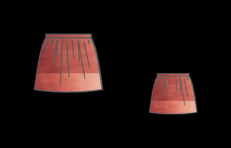 May include: Two skirts in a reddish-orange hue, each featuring a gathered waistband and a horizontal color-blocked design. The skirts have a flared silhouette with vertical line details extending from the waist down to the hemline.