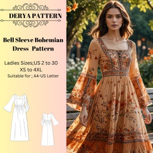 Boho Kleid mit Glocke Schnittmuster, Ettisches Kleid Schnittmuster, authentisches Kleid Schnittmuster A0 A4 US Letter-US 2 bis 30 &#39;