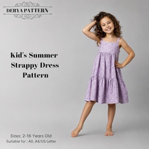 Schnittmuster für ein Sommerkleid mit Trägern für Mädchen, einfach zu nähen, Kinderkleider-Schnittmuster, Größen: US 2–16 (A0–A4–US Letter)