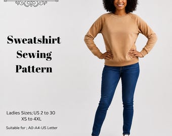 Patron de sweat-shirt à manches raglan, chemisier femme, patrons de couture, taille : US2-30 (A0-A4-USLETTER)