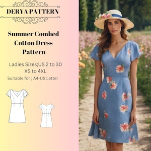 Vestido de algodón peinado de verano, patrón de vestido de primavera, patrón de costura de vestido corto, patrón de vestido de mujer A0 A4 Carta de EE. UU. - EE. UU. 2 a 30