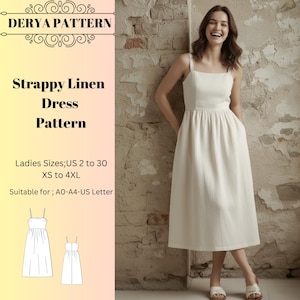 Riemchen Leinenkleid Schnittmuster,Frauen Kleid Schnittmuster,Sommerkleider,Größe:US2-30 (A0-A4-USLETTER)