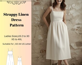 Strappy Linen Dress Pattern,Women Dress Patterns,Summer Dresses Sewing, Size:US2-30 (A0-A4-USLETTER)