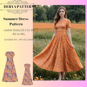 Patrón de vestido de verano, Patrón de costura de vestido largo, Patrón de vestido de primavera, Patrón de vestido de mujer A0 A4 Carta de EE. UU. - EE. UU. 2 a 30