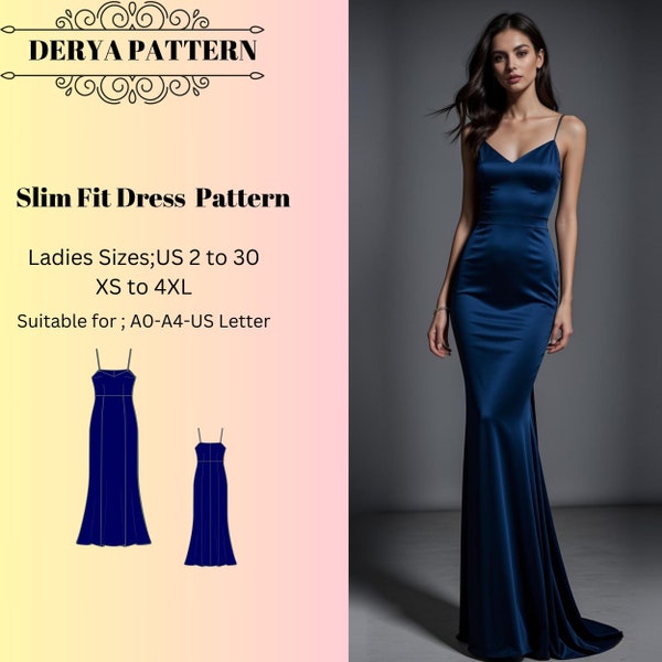 Slim Fit Dress  Pattern  , Evening Gown, Ball Gown, Prom Dress, Anniversary Dress, Valentine's Day Dress