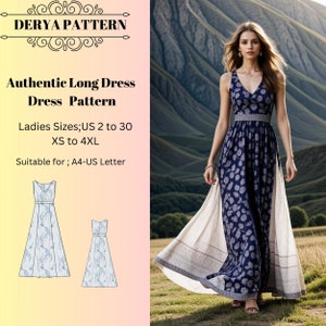 Patrón auténtico de vestido largo, vestido auténtico, vestido de verano, vestido de embarazo, Regencia, vestido élfico, vestido largo, tamaño A0 A4 Carta de EE. UU., talla 2 a 30 de EE. UU.