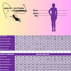 May include: A size chart graphic with a purple silhouette of a figure indicating bust, waist, and hip measurement points. The chart includes rows for USA, International, and European sizes with corresponding measurements in inches and centimeters.