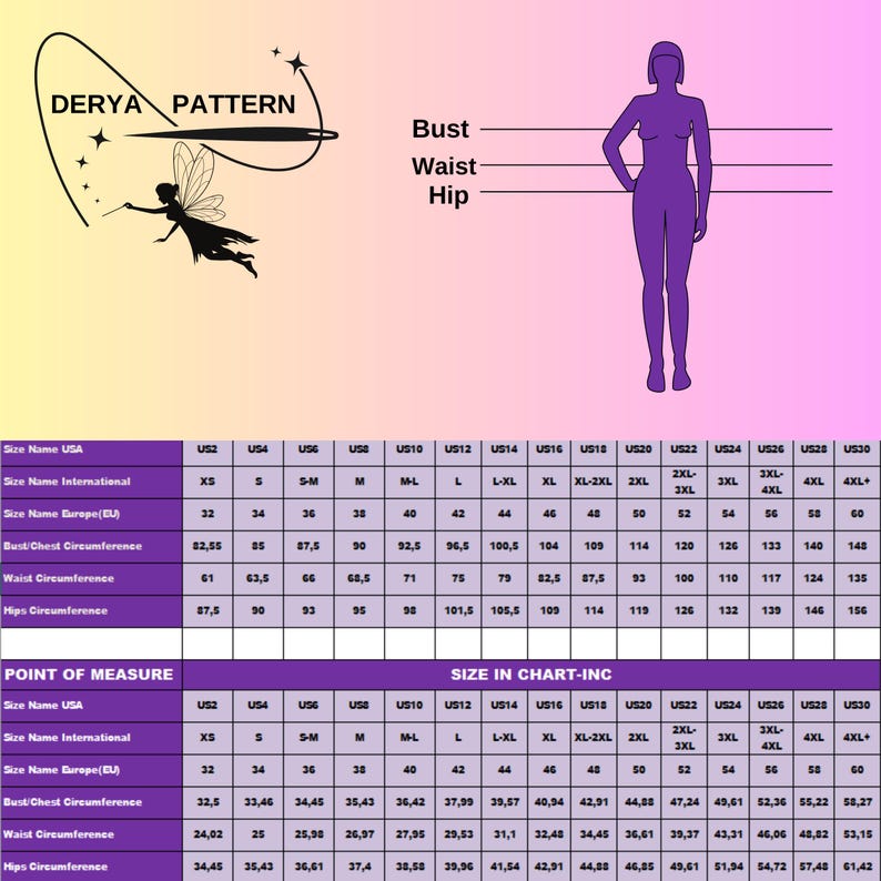 May include: A size chart graphic with a purple silhouette of a figure indicating bust, waist, and hip measurement points. The chart includes rows for USA, International, and European sizes with corresponding measurements in inches and centimeters.