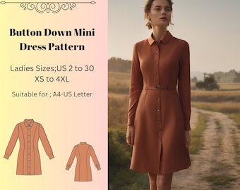 Mini robe boutonnée à motif, robe à col Taille ; US 2 à 30 et XS à 4XL, Convient aux lettres A0-A4-US