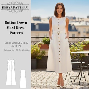 Patrón de costura para vestido largo con botones/sin mangas/tamaño A0/A4 (descarga digital) PDF