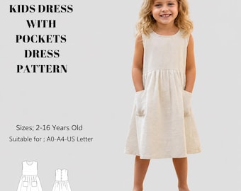 Girls Linen Dress Sewing Pattern with Pocket,Kids Dress Patterns,SummerYears:US2/16 (A0-A4-USLETTER)