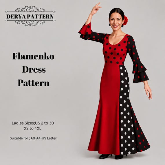 dress patterns for ladies traditional Flamenco Satin Pattern,women Dress Patterns,wedding Guest Sewing,size:us2-30 (A0-A4-USLETTER) fabric:performance