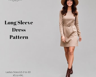 Linen Long Sleeve Dress Sewing Pattern,Women Dress Patterns,Mini Summer DressesSize:US2-30 (A0-A4-USLETTER)