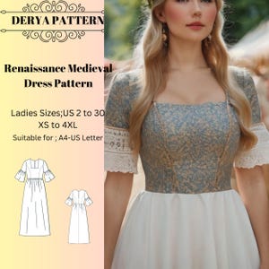 Patrón de vestido medieval renacentista, hada, regencia, vestido élfico, vestido largo, disfraz de Halloween, tamaño A0 A4 Carta de EE. UU. - EE. UU. 2 a 30&#39;
