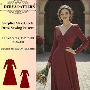 Patrón de costura para vestido largo cruzado, vestido de noche, patrones de vestidos para mujer, boda, tallas: US2-30 (A0-A4-USLETTER)