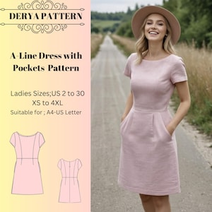A-Line Dress with Pockets Pattern,Women Sewing Pattern,Summer Dresses Patterns, Size:US2-30 (A0-A4-USLETTER)