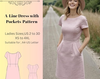 A-Line Dress with Pockets Pattern,Women Sewing Pattern,Summer Dresses Patterns, Size:US2-30 (A0-A4-USLETTER)