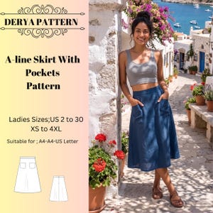 Può includere: Modello di gonna a trapezio con tasche. L'immagine mostra una donna che indossa una gonna blu con tasche. Il testo sull'immagine dice "DERYA PATTERN" e "A-line Skirt With Pockets Pattern". Il modello è disponibile nelle taglie US 2 a 30 e XS a 4XL.