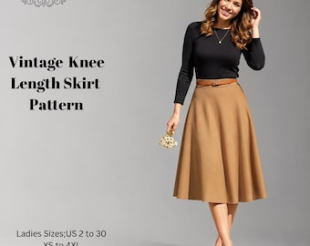 Vintage Knee Length Skirt Sewing Pattern,Women Dress Patterns,Size:US2-30 (A0-A4-USLETTER)