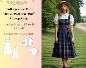 Cottagecore Midi Dress Pattern+Puff Sleeve Shirt, Medieval Cosplay Dress, Ball Gown Sewing Pattern, Cottagecore Dress Pattern