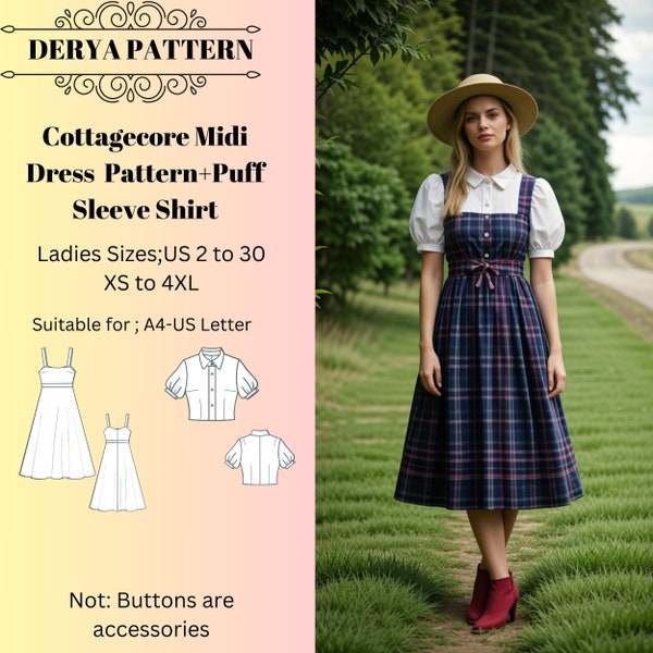 Cottagecore Midi Dress Pattern+Puff Sleeve Shirt, Medieval Cosplay Dress, Ball Gown Sewing Pattern, Cottagecore Dress Pattern