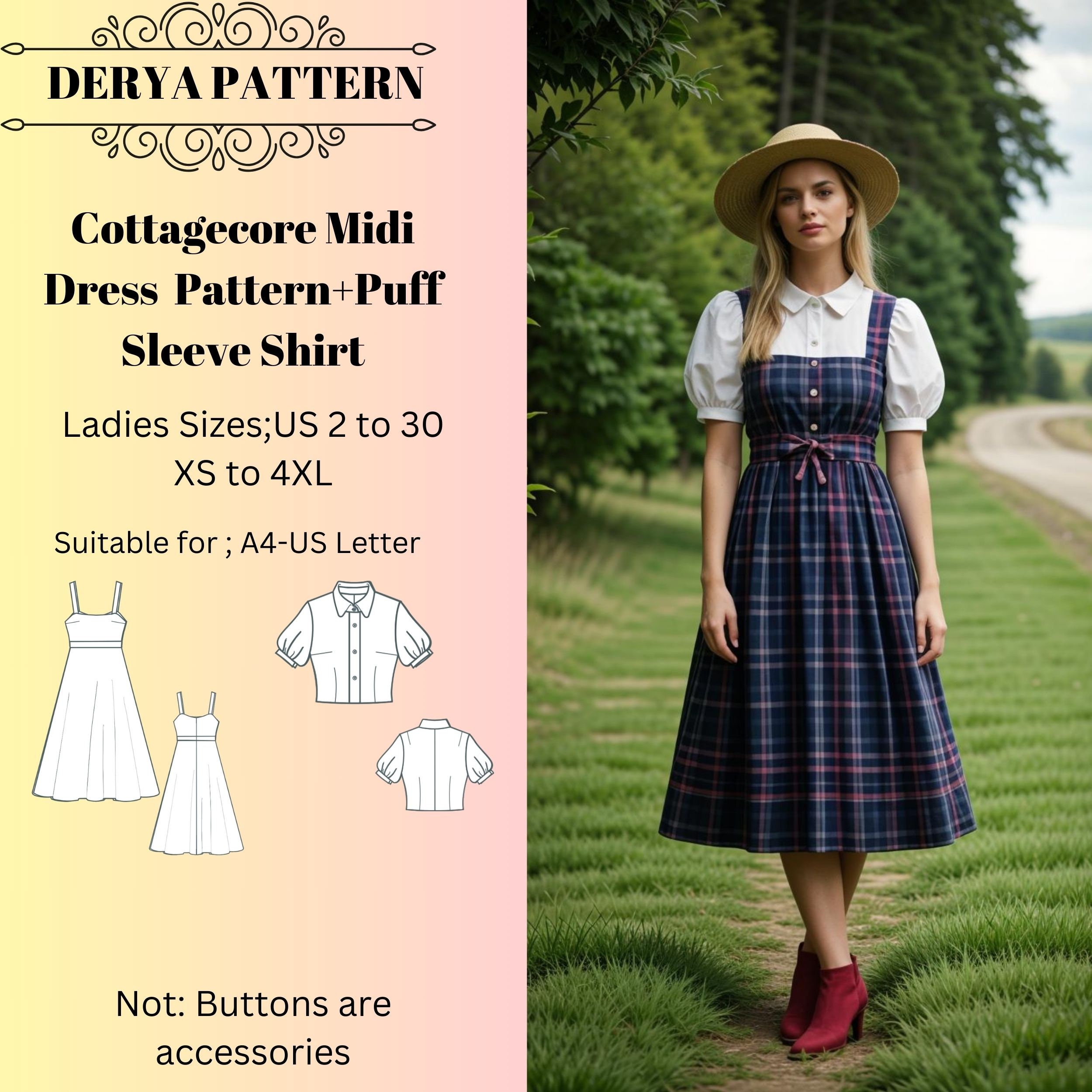Cottagecore Midi Dress Pattern+Puff Sleeve Shirt,Medieval Cosplay Dress, Ball Gown Sewing Pattern,Cottagecore Dress Pattern A0 A4 US 2 to 30