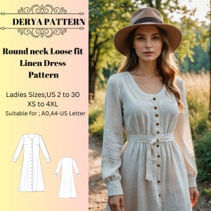 Patrón de vestido de lino holgado con cuello redondo, vestido midi abotonado para mujer, disfraz de Halloween, patrón de vestido de sol, tamaño A0, A4, carta de EE. UU., talla 2 a 30 de EE. UU.