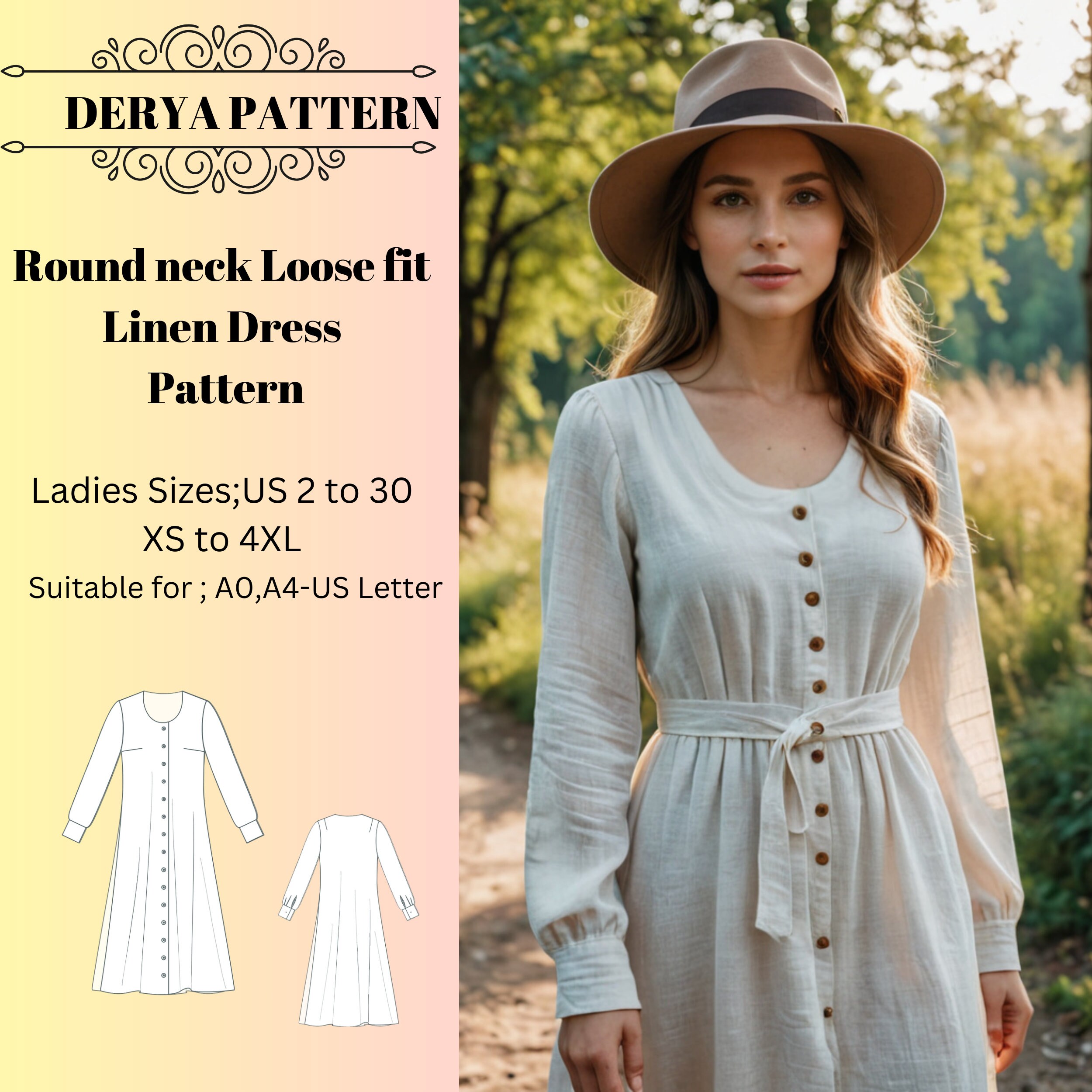 Round neck Loose Fit Linen Dress pattern ,Buttoned Midi Women's Dress, Halloween costume ,Sun Dress Pattern, A0 A4 US Letter-US 2 to 30