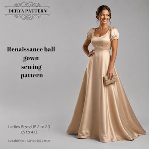 May include: A sewing pattern for a Renaissance ball gown by Derya Pattern. The gown is floor-length, champagne-coloured, with a scoop neckline and short puff sleeves. Text includes: Derya Pattern, Renaissance ball gown sewing pattern, Ladies Sizes; US 2 to 30, XS to 4XL, Suitable for; A0-A4-US Letter.