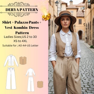 Shirt, Palazzo Pants and Vest Sewing Pattern: Linen Clothing (A0 A4 US Letter) digital