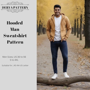Heren hoodie met rits naaipatroon/sweatshirt/maten 36-56 (A4 A0 Letter) (pdf-patroon)