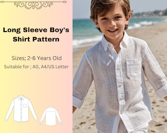 Patroon voor jongensshirt met lange mouwen, patroon voor linnen overhemd voor jongens, naaipatroon voor jongensjurk, patroon voor lentejurk, patroon voor herenjurk, A4-A0,2-6 jaar