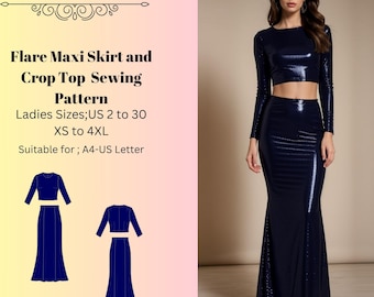 Flare Maxi Skirt and Crop Top  Sewing Pattern , Evening Gown, Anniversary Dress, Valentine's Day Dress