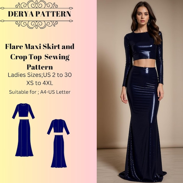 Flare Maxi Skirt and Crop Top  Sewing Pattern , Evening Gown, Anniversary Dress, Valentine's Day Dress