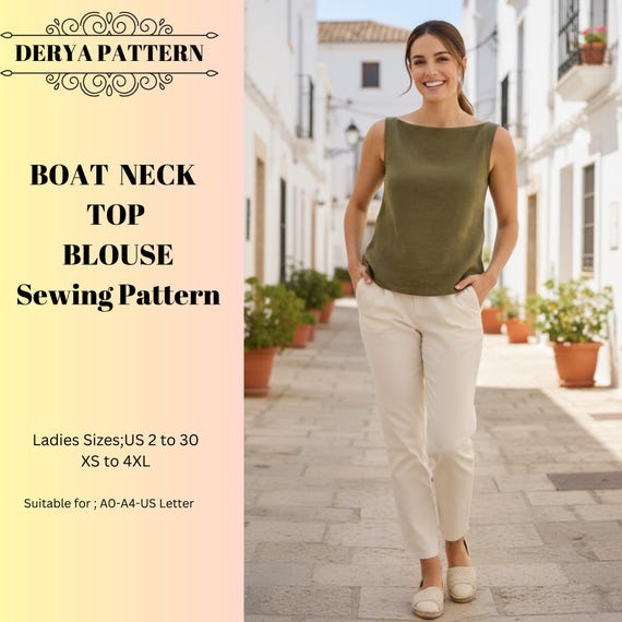 Boat Neck Crop Top Sewing Pattern, Women Blouse,Linen Blouse Patterns,Size:US2-30 (A0-A4-USLETTER)