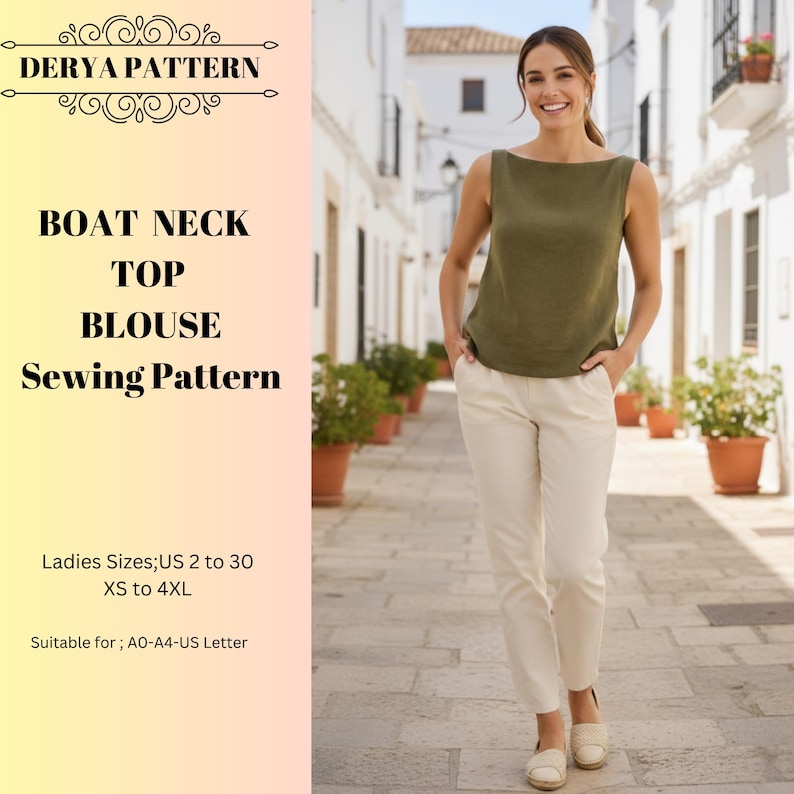Boat Neck Crop Top Sewing Pattern, Women Blouse,Linen Blouse Patterns,Size:US2-30 (A0-A4-USLETTER) image 1