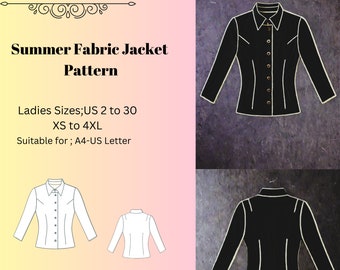 Summer Fabric Jacket Pattern ,Women Jacket Pattern,Unlined Fabric Jacket,Collared Jacket Pattern A0 A4 US Letter-US 2 to 30